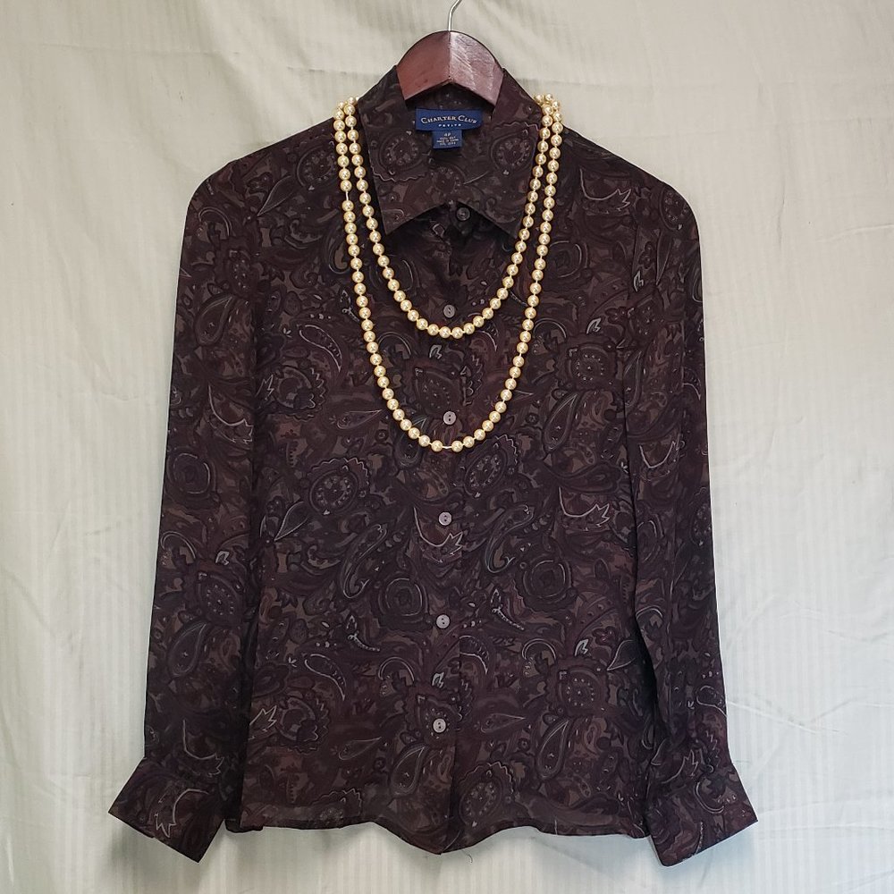 🍁Size 4P, Charter Club 100% Silk Brown Long Sleeve Paisley Leaf Blouse.